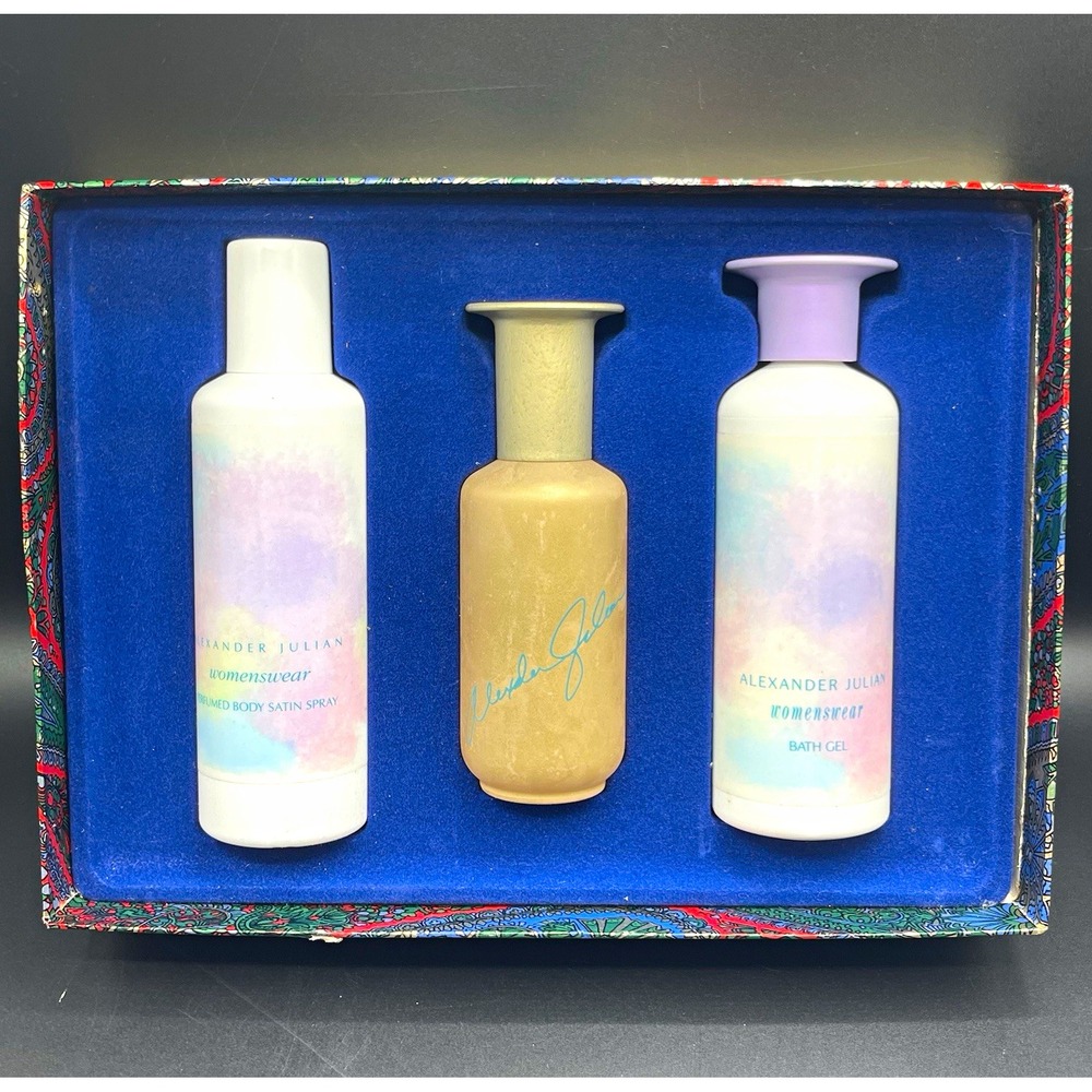 Alexander Julian Womenswear Set Parfum Spray 4oz Satin Spray 3.5oz bath gel 8oz